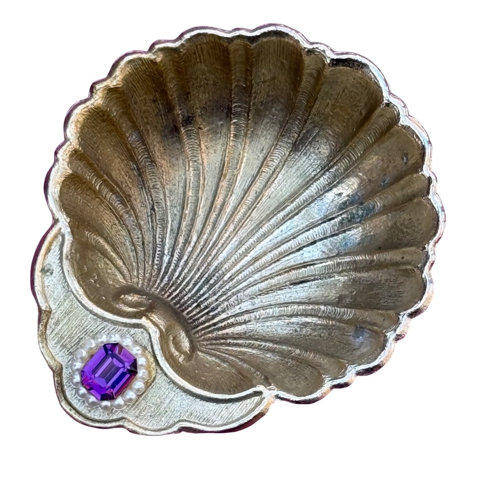 Vintage Seashell Trinket Dish Purple Gem‎ Pearl Accent